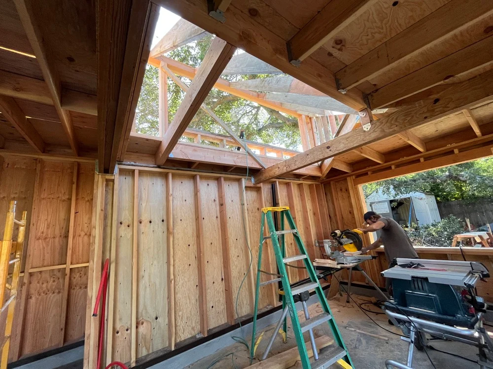 Exposed timber wall and roof framing during construction of the Thousand Oaks ADU.